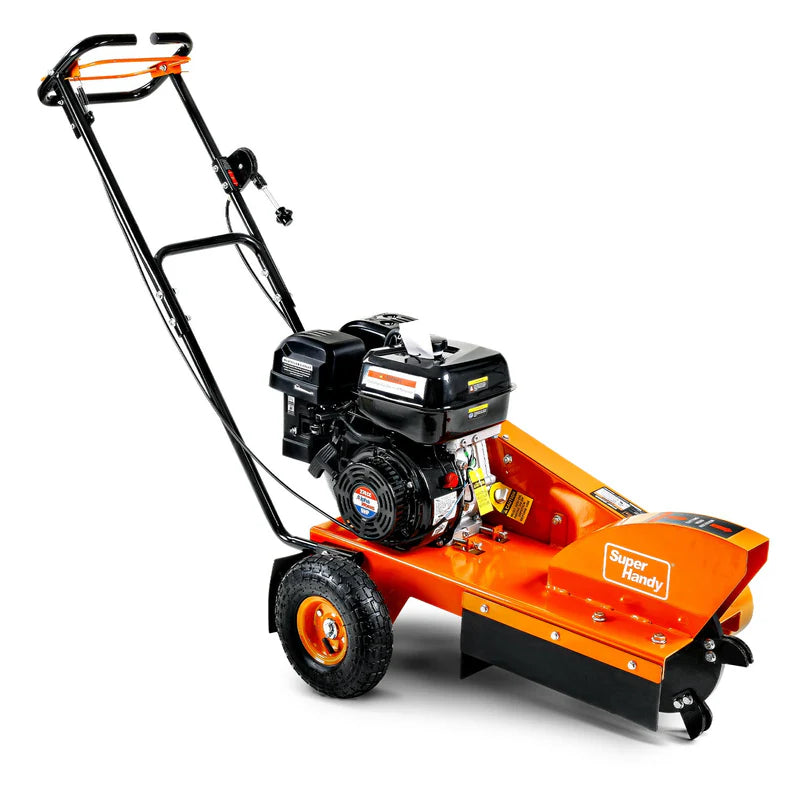 An orange and black SuperHandy compact stump grinder with a 9HP engine and a 12-inch cutting blade. Front side view.