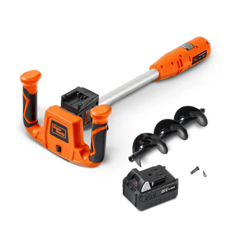 Superhandy 20v Electric Earth Auger with a 20V 4Ah battery, featuring an orange and black color scheme, with a auger bit inserted vertically. Top view dismantled.