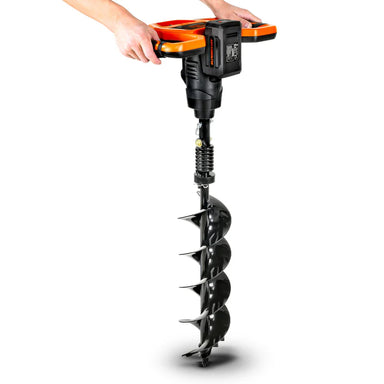 An electric earth auger with a 48V 2Ah battery, featuring an orange and black color scheme and a spiral digging bit. Side view vertical position.