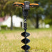 An electric earth auger with a 48V 2Ah battery, featuring an orange and black color scheme and a spiral digging bit. Back view outdoors.