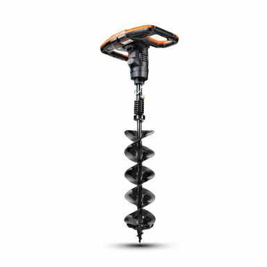 A superhandy 48v electric earth auger with a 48V 2Ah battery, featuring an orange and black color scheme and a spiral digging bit.