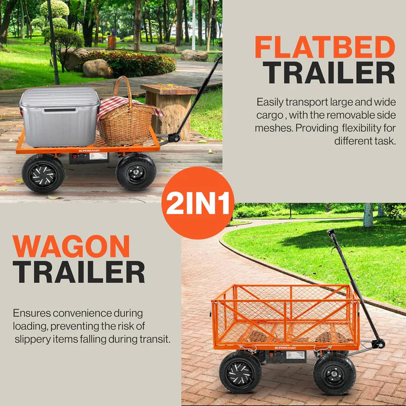 An orange SuperHandy electric garden cart with a convertable flatbed and black handles. Side view outdoors in use.