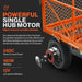 An orange SuperHandy electric garden cart with a convertable flatbed and black handles. Wheel view with information.