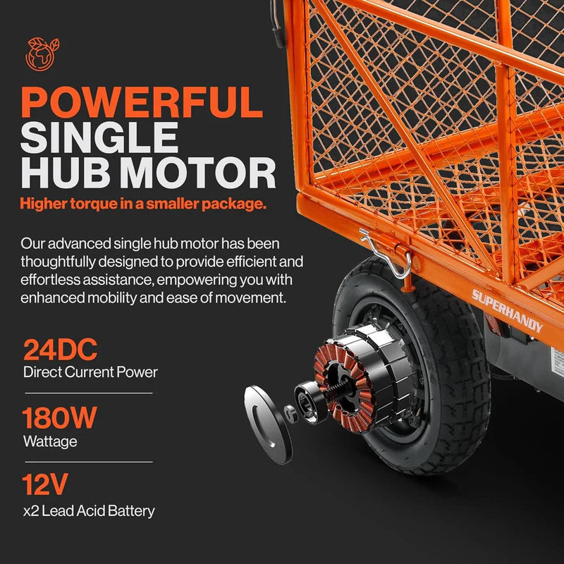 An orange SuperHandy electric garden cart with a convertable flatbed and black handles. Wheel view with information.