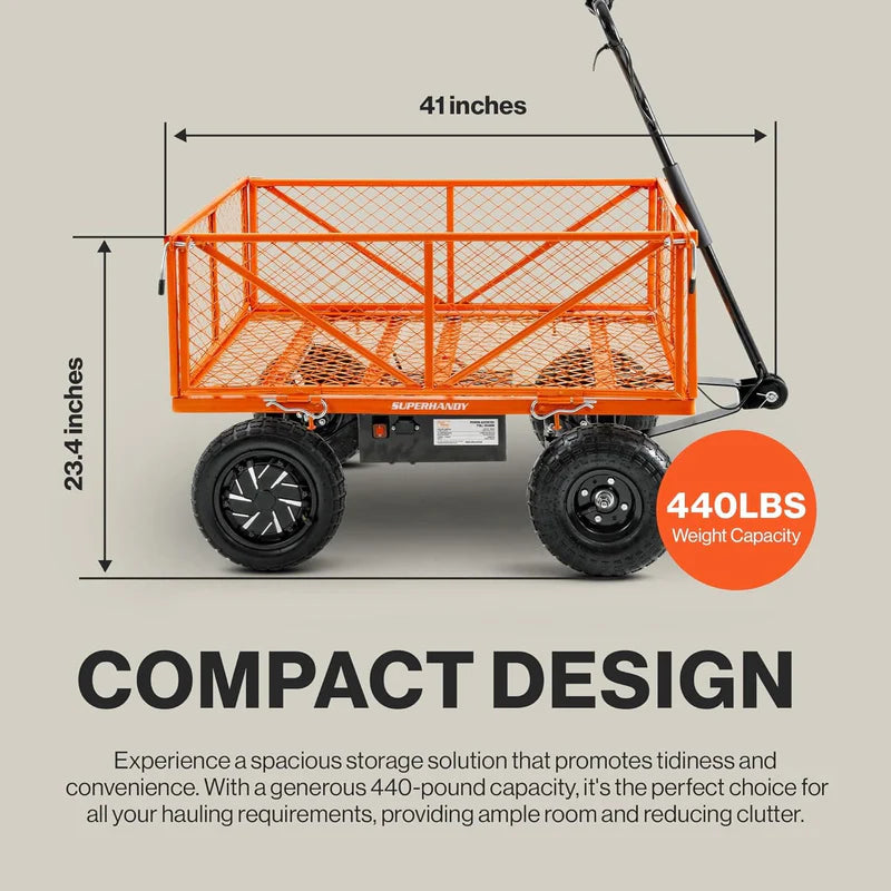 An orange SuperHandy electric garden cart with a convertable flatbed and black handles. Side view with information.
