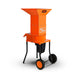 An orange electric leaf mulcher with black steel housing and wheels, branded by SuperHandy.