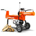 An orange and black superhandy 14 tion Log Splitter with a 20 inch max log length. The equipment is corded and has wheels for mobility. Side view with logs.