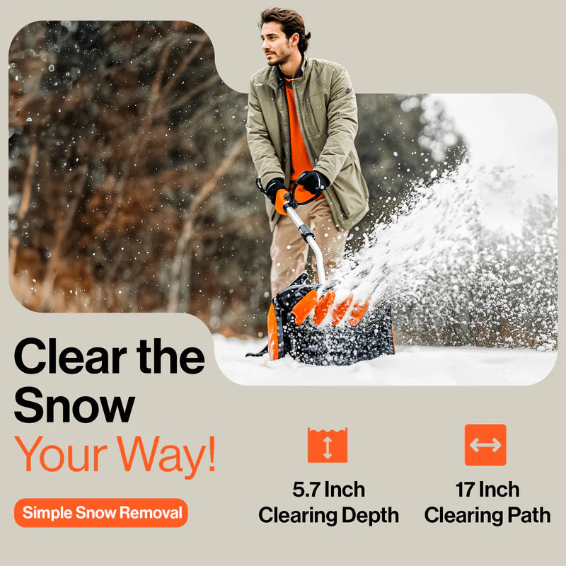 Person using a Superhandy Snow Blower Pro with text about snow clearing capabilities on a snowy background