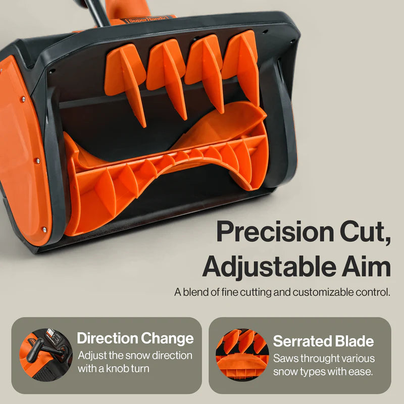 Orange and black SuperHandy snow blower Pro with text highlighting features on a beige background