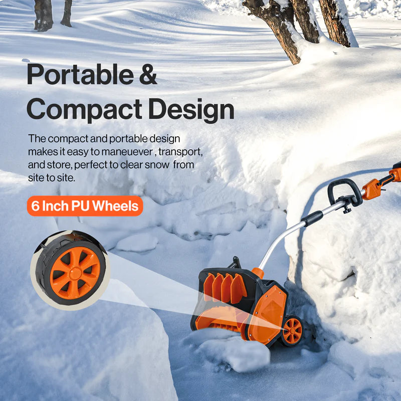 SuperHandy Snow blower in action on a snowy landscape with text highlighting its portable and compact design.