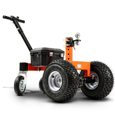 An orange and black electric trailer dolly with four wheels and a control panel.