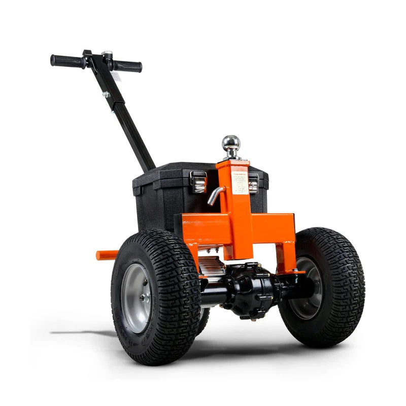 An orange and black SuperHandy Electric Trailer Dolly with all-terrain tires, a powerful electric motor, and a height-adjustable hitch.