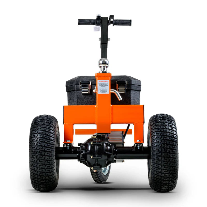 An orange and black SuperHandy Electric Trailer Dolly with all-terrain tires, a powerful electric motor, and a height-adjustable hitch. Front view.