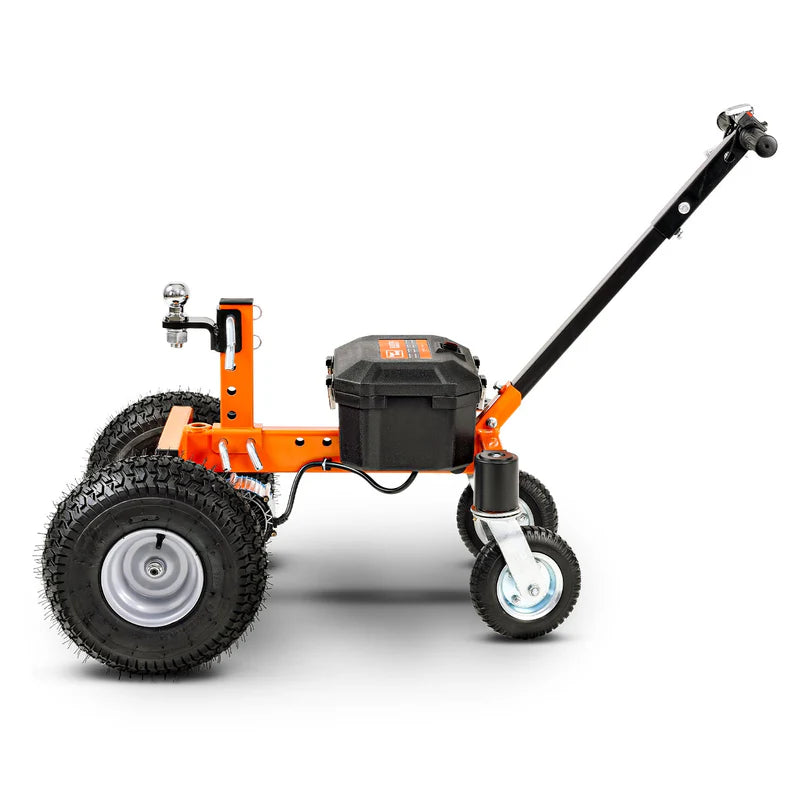 An orange and black electric trailer dolly with four wheels and a control panel. Side view.