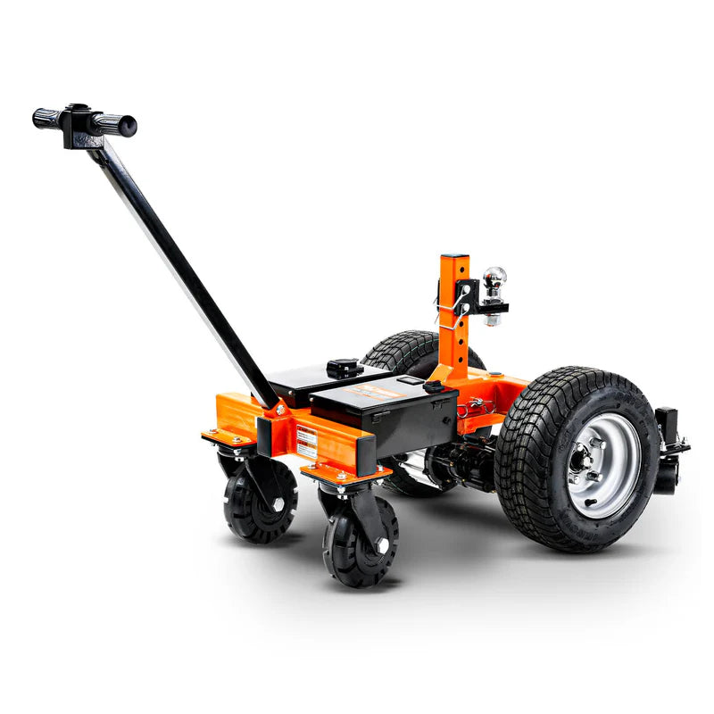 An orange and black electric trailer dolly with a black handle and four castor wheels, designed for heavy-duty towing.