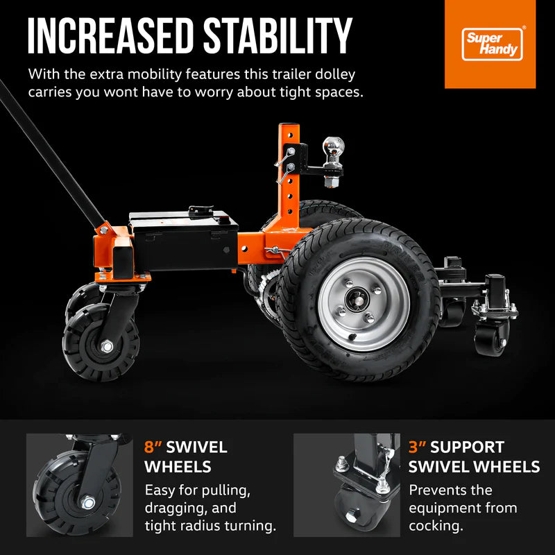 An orange and black electric trailer dolly with a black handle and four castor wheels, designed for heavy-duty towing. Side view with information.