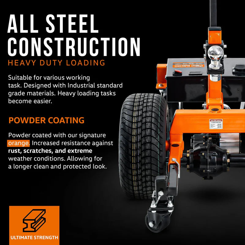 An orange and black electric trailer dolly with a black handle and four castor wheels, designed for heavy-duty towing. Front view with information.