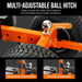 An orange and black  superhandy 7500 lb electric trailer dolly with a black handle and four castor wheels, designed for heavy-duty towing. Ball hitch view.