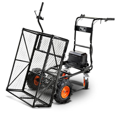 Black electric utility wagon with large wheels and orange accents, featuring a mesh cargo bed and a control panel. Wagon fully extended.