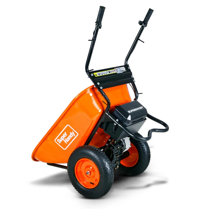An orange and black SuperHandy 48v electric utility wheelbarrow with a black frame and dual wheels. Back view with information.