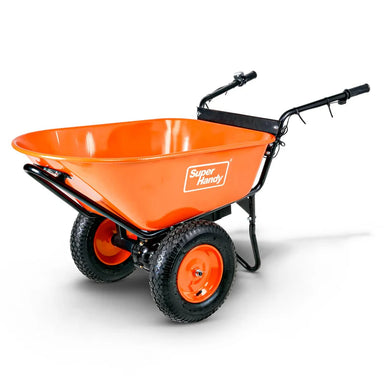 An orange and black superhandy 24v electric wheelbarrow with a visible 24V 7Ah AGM battery on a white background.