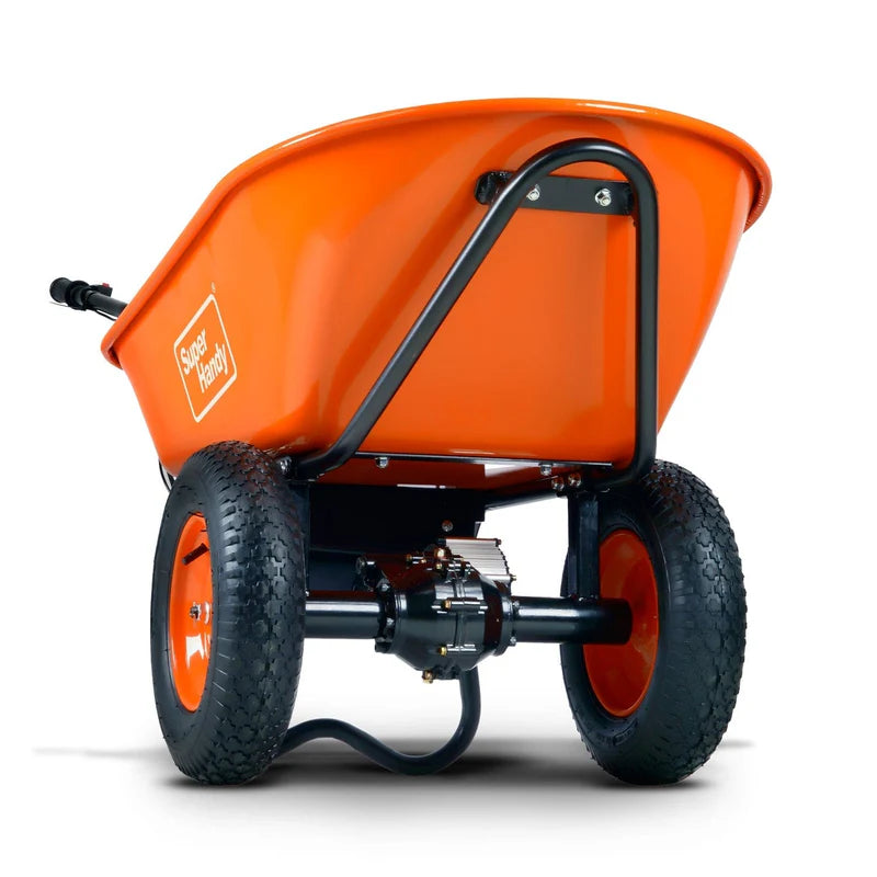 An orange and black SuperHandy 48v electric wheelbarrow with a black frame and dual wheels.