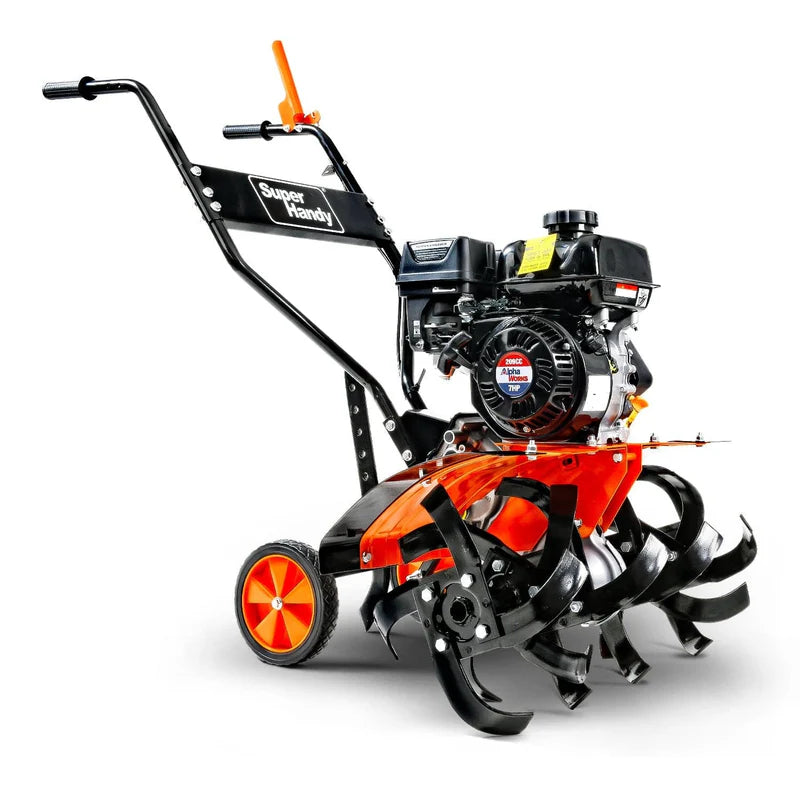 A orange and black gas-powered garden tiller with orange wheels and a 209CC engine.
