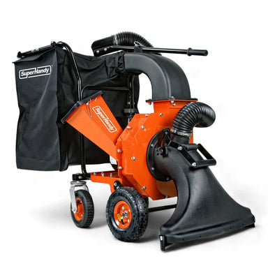 An orange and black gas powered leaf vacuum and wood chipper with a black collection bag and wheels for mobility. Front side view.