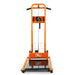 An orange material lift stacker and pallet dolly with a hand crank and swivel caster wheels.