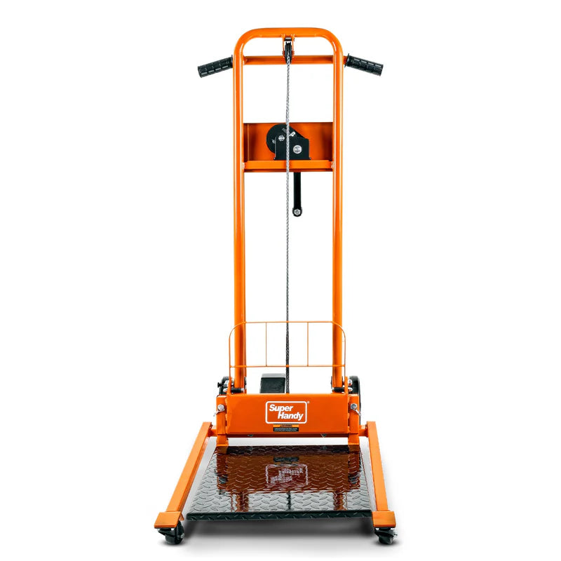An orange material lift stacker and pallet dolly with a hand crank and swivel caster wheels.
