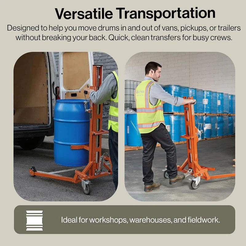 Transportation device being used to move drums in and out of a vehicle, with text highlighting its versatility.