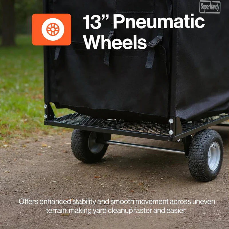 Black cart with 13-inch pneumatic wheels on a dirt path, featuring SuperHandy branding.