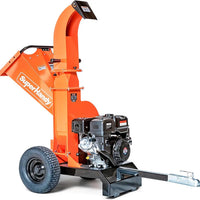 Orange wood chipper with visible 'SuperHandy' branding on a white background