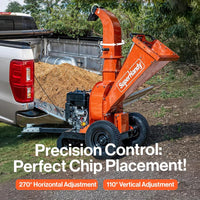Orange SuperHandy wood chipper attached to a pickup truck with text highlighting features.