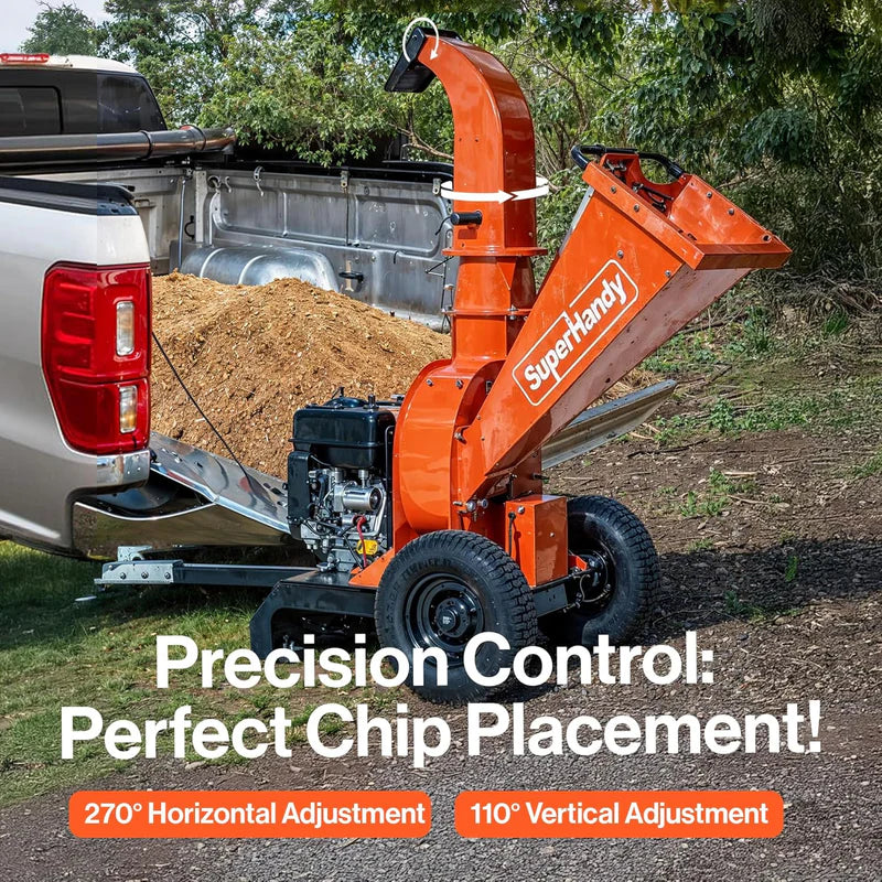 Orange SuperHandy wood chipper attached to a pickup truck with text highlighting features.