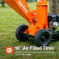 Orange wood chipper with 'Superlandy' branding on a grassy background