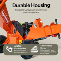 Orange snow blower with text highlighting durable housing and features on a beige background