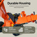 Orange snow blower with text highlighting durable housing and features on a beige background