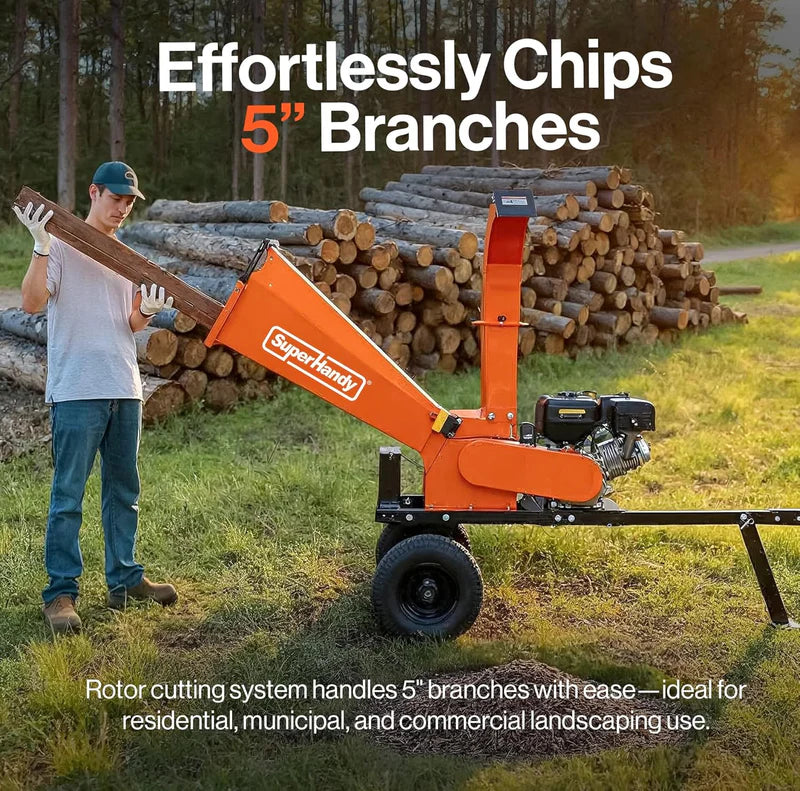 Man using a SuperHandy wood chipper with text highlighting its branch-chipping capabilities.