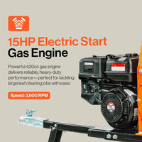 15HP Electric Start Gas Engine with specifications on a beige background