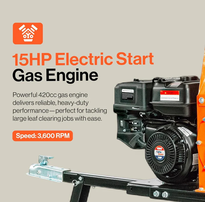 15HP Electric Start Gas Engine with specifications on a beige background
