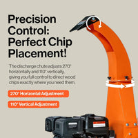 Wood chipper with discharge chute adjustment features on a beige background