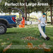 Person using a leaf blower attached to a truck in a park setting with text highlighting its use for large areas.