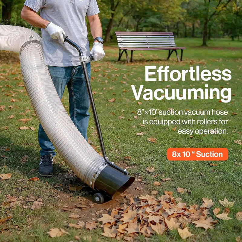 Person using a long vacuum hose to clean leaves in a park with text about effortless vacuuming.