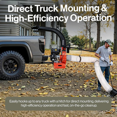 Person using a leaf blower attached to a truck with text about direct truck mounting and high-efficiency operation.