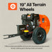Orange and black machine with large wheels on a beige background, featuring text about 19-inch all-terrain wheels.
