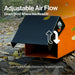 Orange and black leaf blower with adjustable airflow feature on a leaf-covered ground.