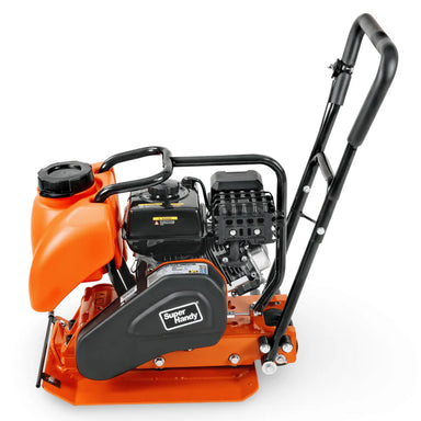 An orange and black SuperHandy wood chipper compact machine with a gas engine, designed for yard work. Engine view