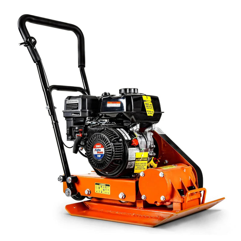 An Orange and black SuperHandy plate compactor with a gas engine, designed for compacting soil and gravel.