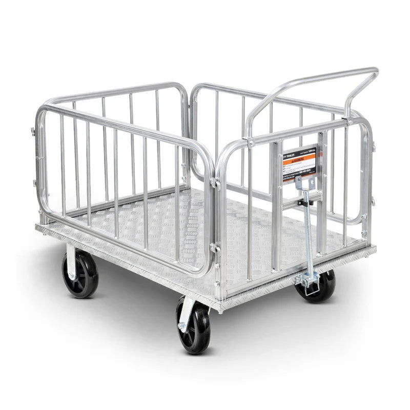 A silver-colored metal platform truck with a 41 inch bed, equipped with 8 inch castor wheels, and featuring removable sides.